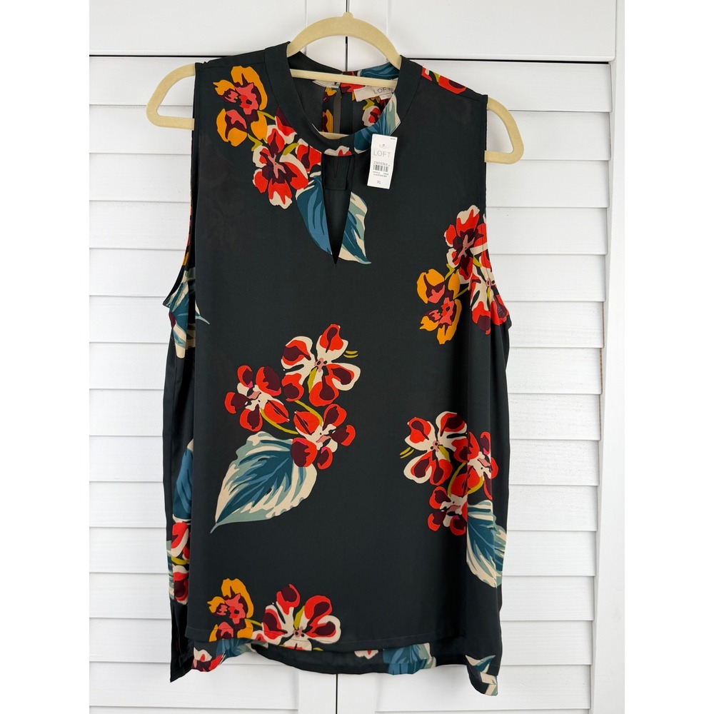 LOFT Sleeveless Blouse XL Black Floral Keyhole Neck Shell NEW